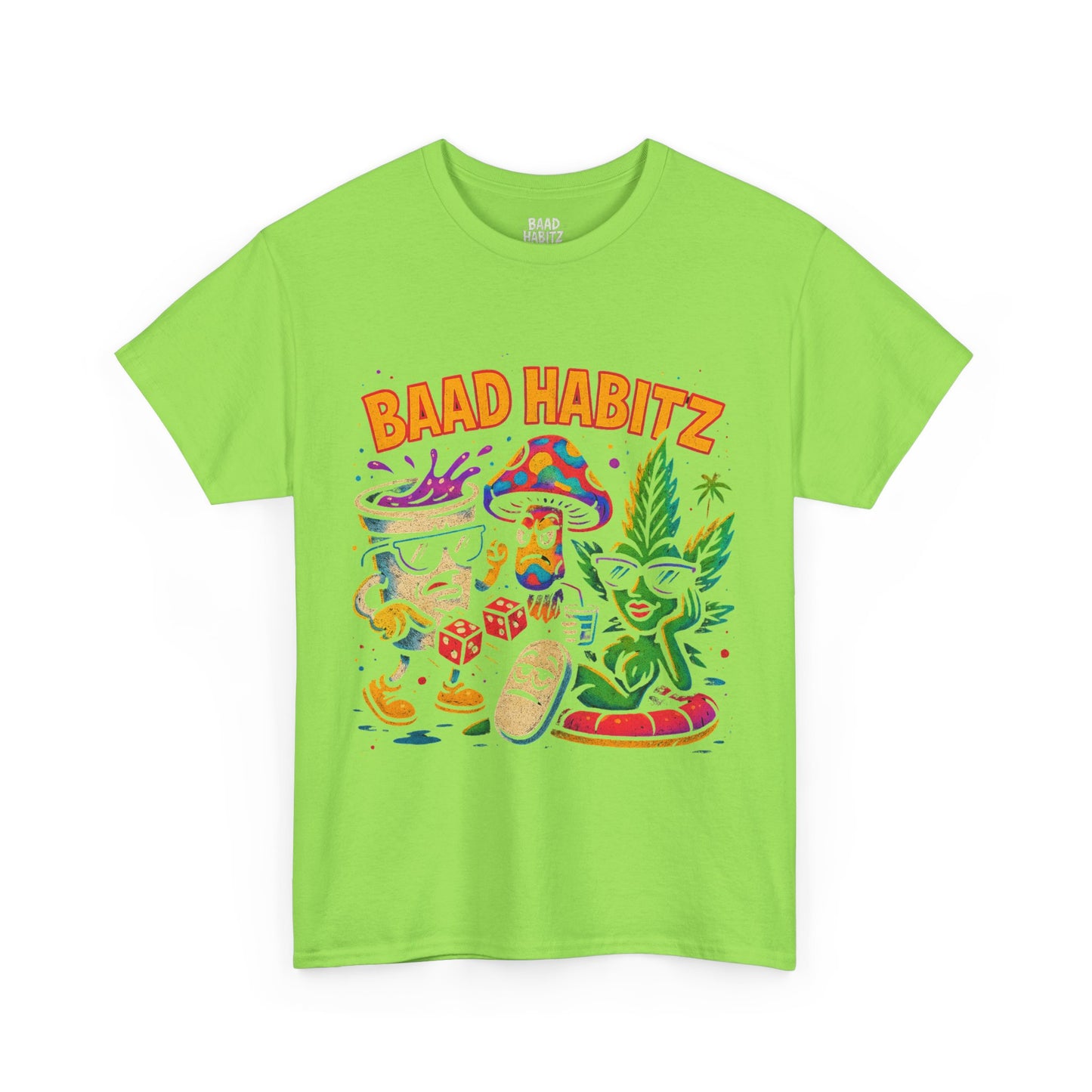 Colorful Unisex Heavy Cotton Tee - 'BAAD HABITZ' and 'Drügz' Graphic, Streetwear Vibe, Perfect for Casual Outings, Gifts, and Festivals