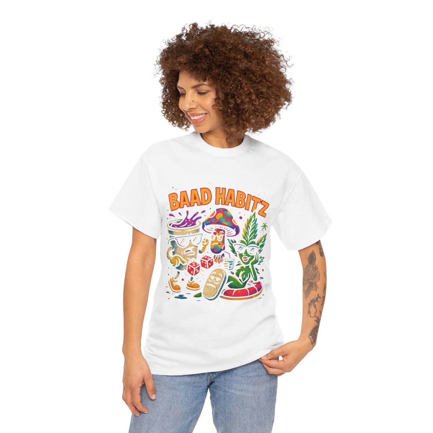 Colorful Unisex Heavy Cotton Tee - 'BAAD HABITZ' and 'Drügz' Graphic, Streetwear Vibe, Perfect for Casual Outings, Gifts, and Festivals
