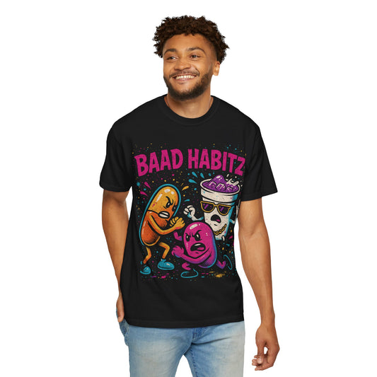 Unisex Garment-Dyed T-Shirt with 'Baad Habitz' Graphic - Fun, Playful Design for Casual Wear