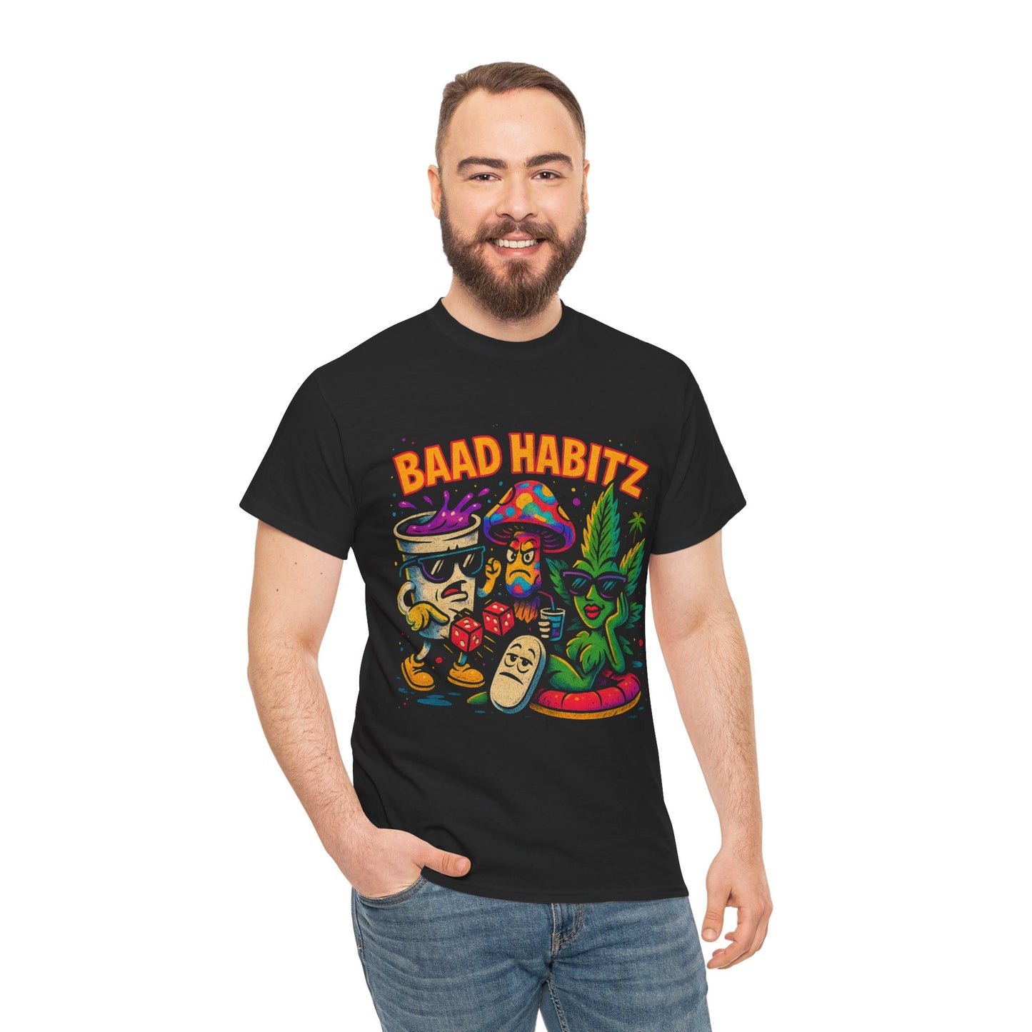 Colorful Unisex Heavy Cotton Tee - 'BAAD HABITZ' and 'Drügz' Graphic, Streetwear Vibe, Perfect for Casual Outings, Gifts, and Festivals