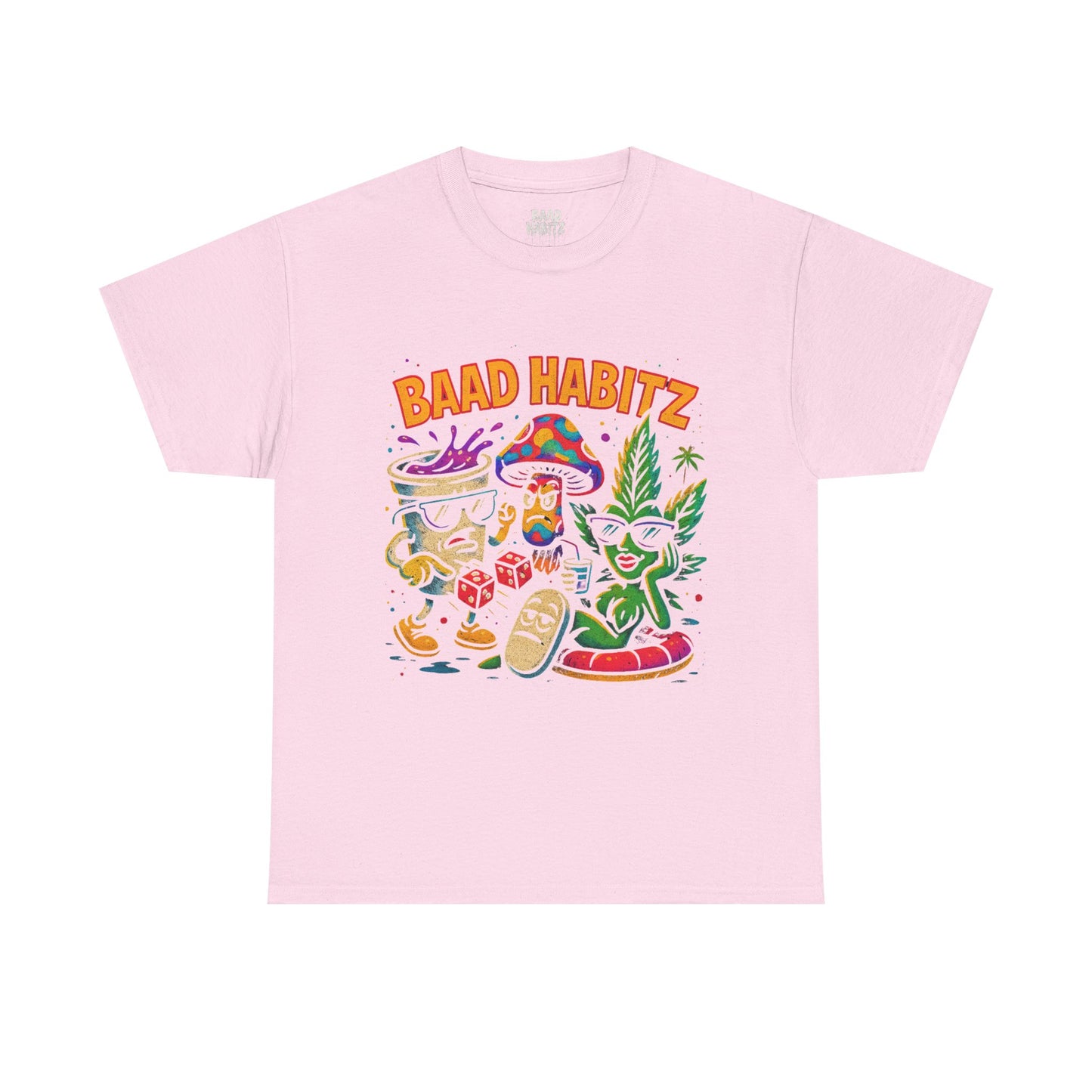 Colorful Unisex Heavy Cotton Tee - 'BAAD HABITZ' and 'Drügz' Graphic, Streetwear Vibe, Perfect for Casual Outings, Gifts, and Festivals