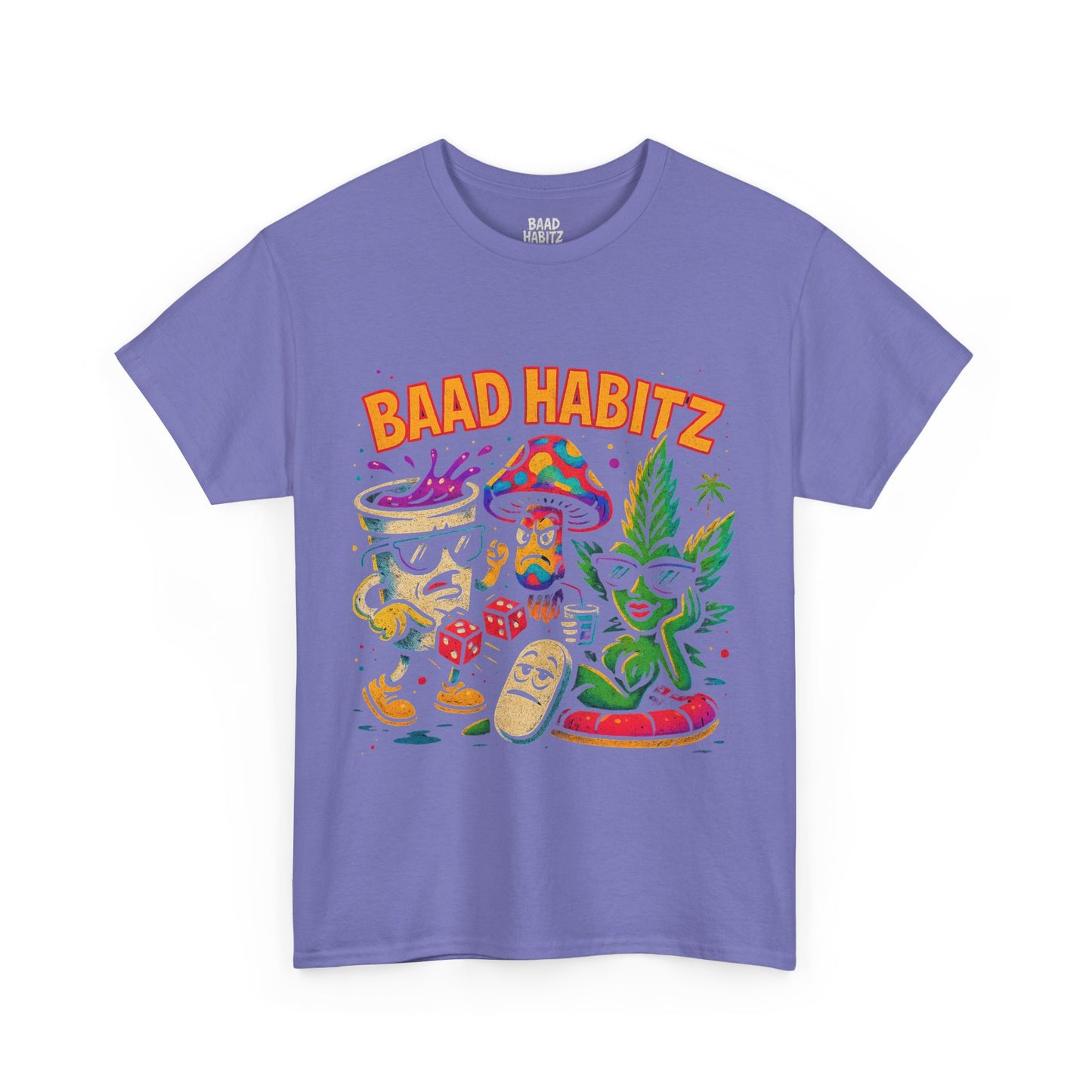 Colorful Unisex Heavy Cotton Tee - 'BAAD HABITZ' and 'Drügz' Graphic, Streetwear Vibe, Perfect for Casual Outings, Gifts, and Festivals