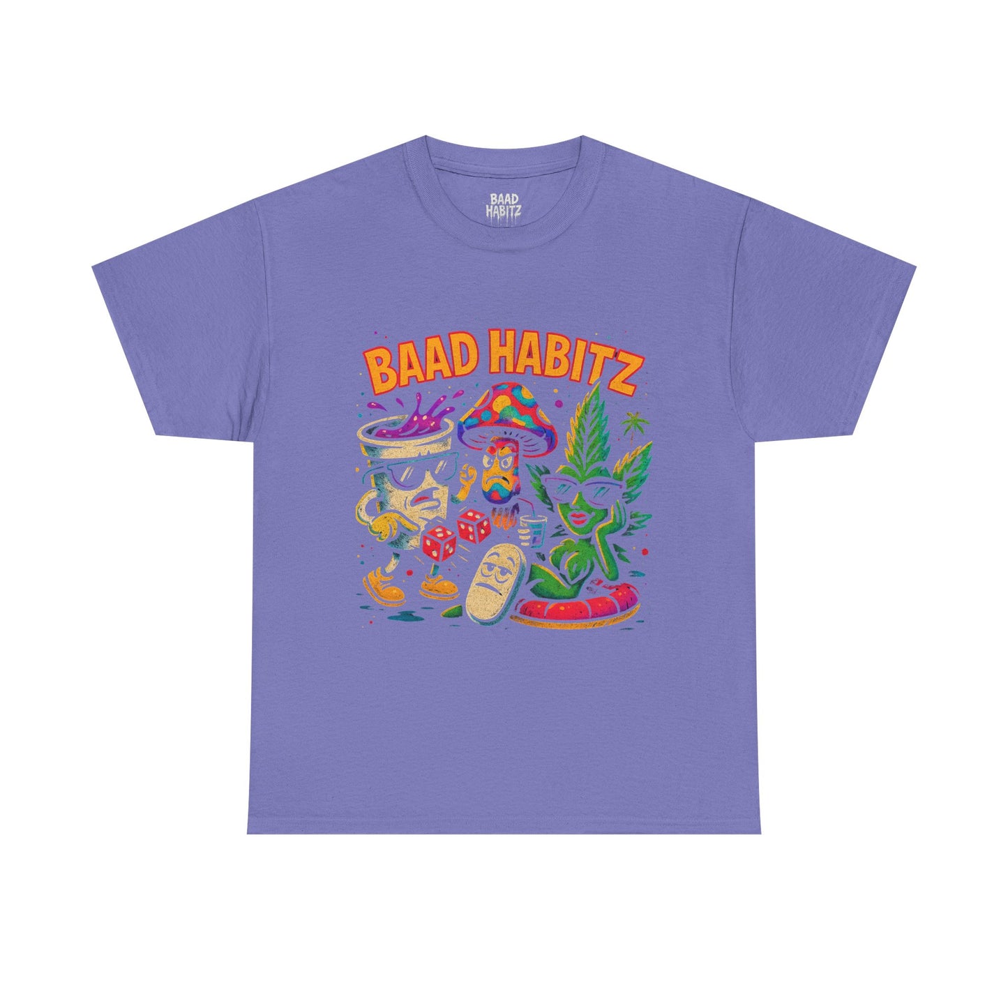 Colorful Unisex Heavy Cotton Tee - 'BAAD HABITZ' and 'Drügz' Graphic, Streetwear Vibe, Perfect for Casual Outings, Gifts, and Festivals