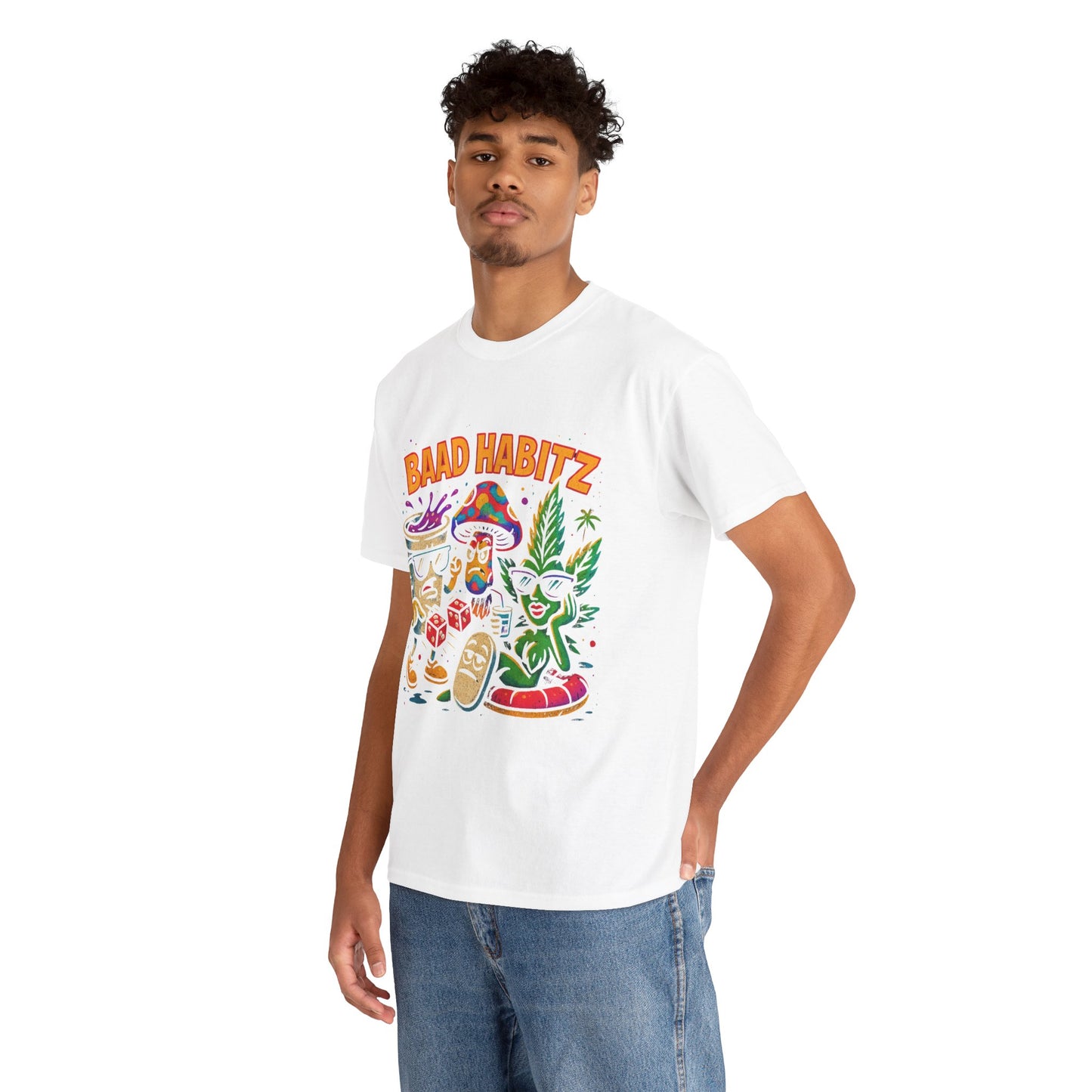 Colorful Unisex Heavy Cotton Tee - 'BAAD HABITZ' and 'Drügz' Graphic, Streetwear Vibe, Perfect for Casual Outings, Gifts, and Festivals