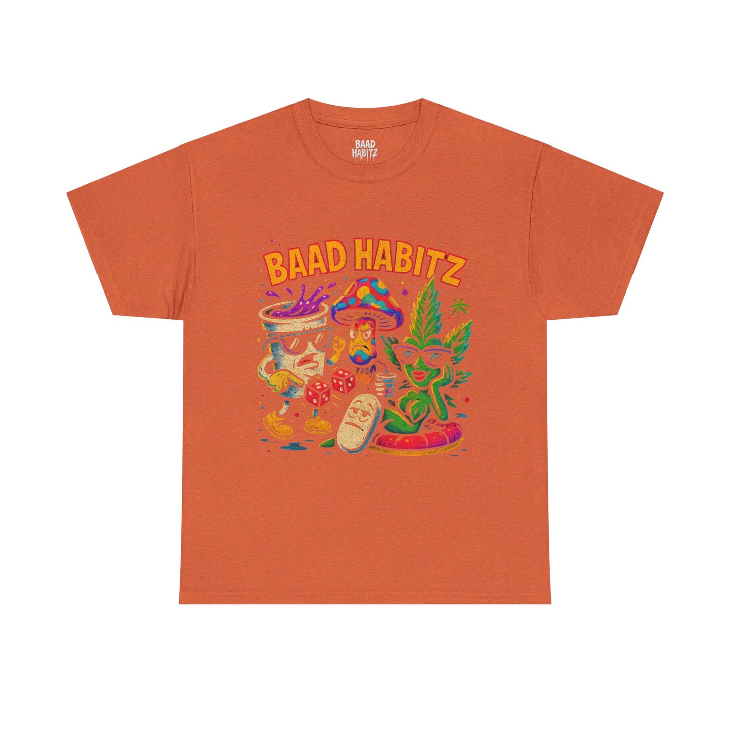 Colorful Unisex Heavy Cotton Tee - 'BAAD HABITZ' and 'Drügz' Graphic, Streetwear Vibe, Perfect for Casual Outings, Gifts, and Festivals