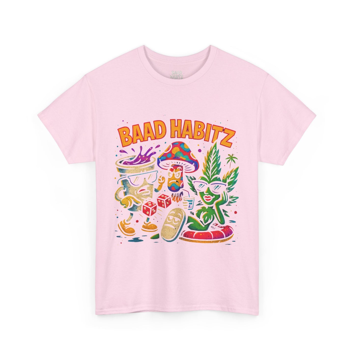 Colorful Unisex Heavy Cotton Tee - 'BAAD HABITZ' and 'Drügz' Graphic, Streetwear Vibe, Perfect for Casual Outings, Gifts, and Festivals