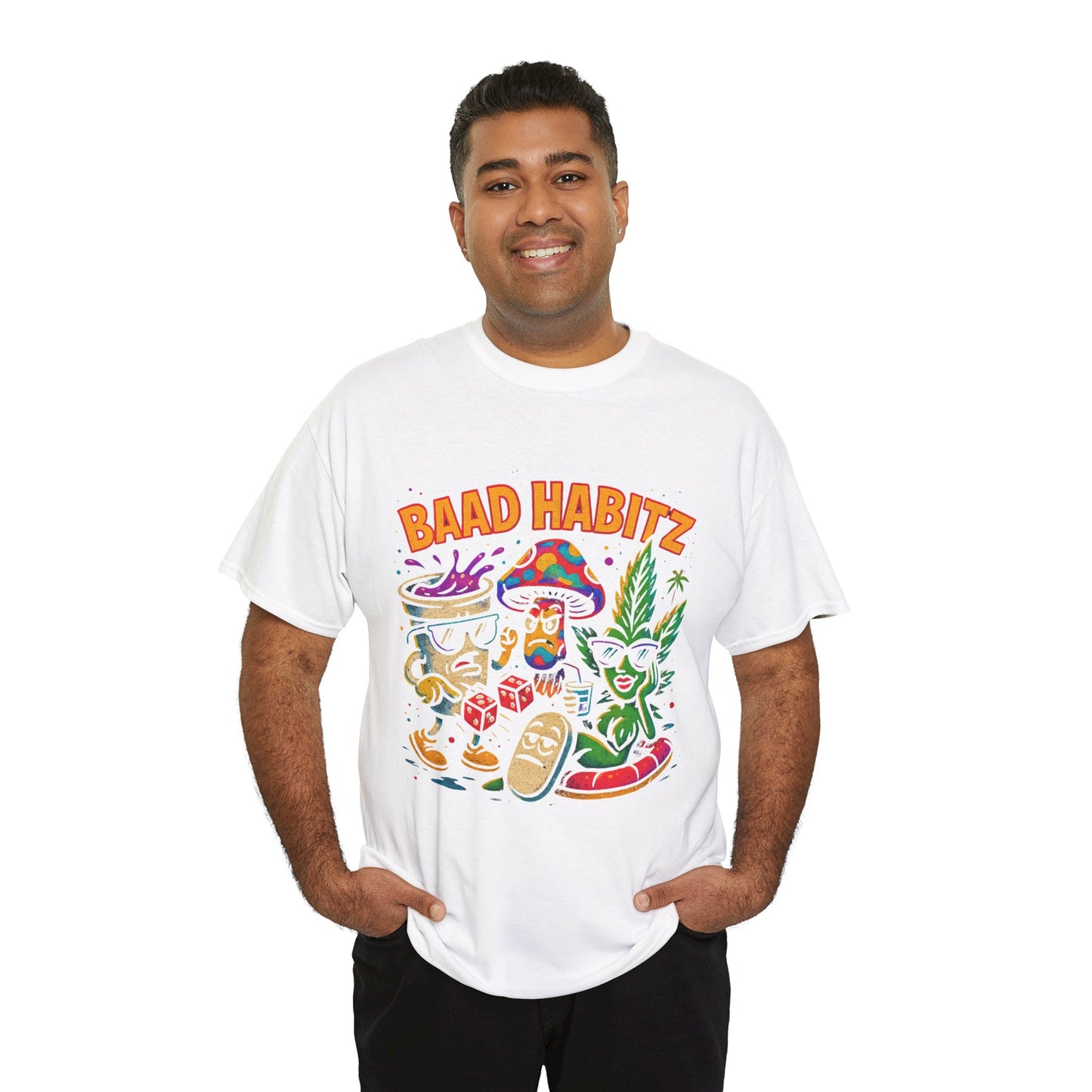 Colorful Unisex Heavy Cotton Tee - 'BAAD HABITZ' and 'Drügz' Graphic, Streetwear Vibe, Perfect for Casual Outings, Gifts, and Festivals