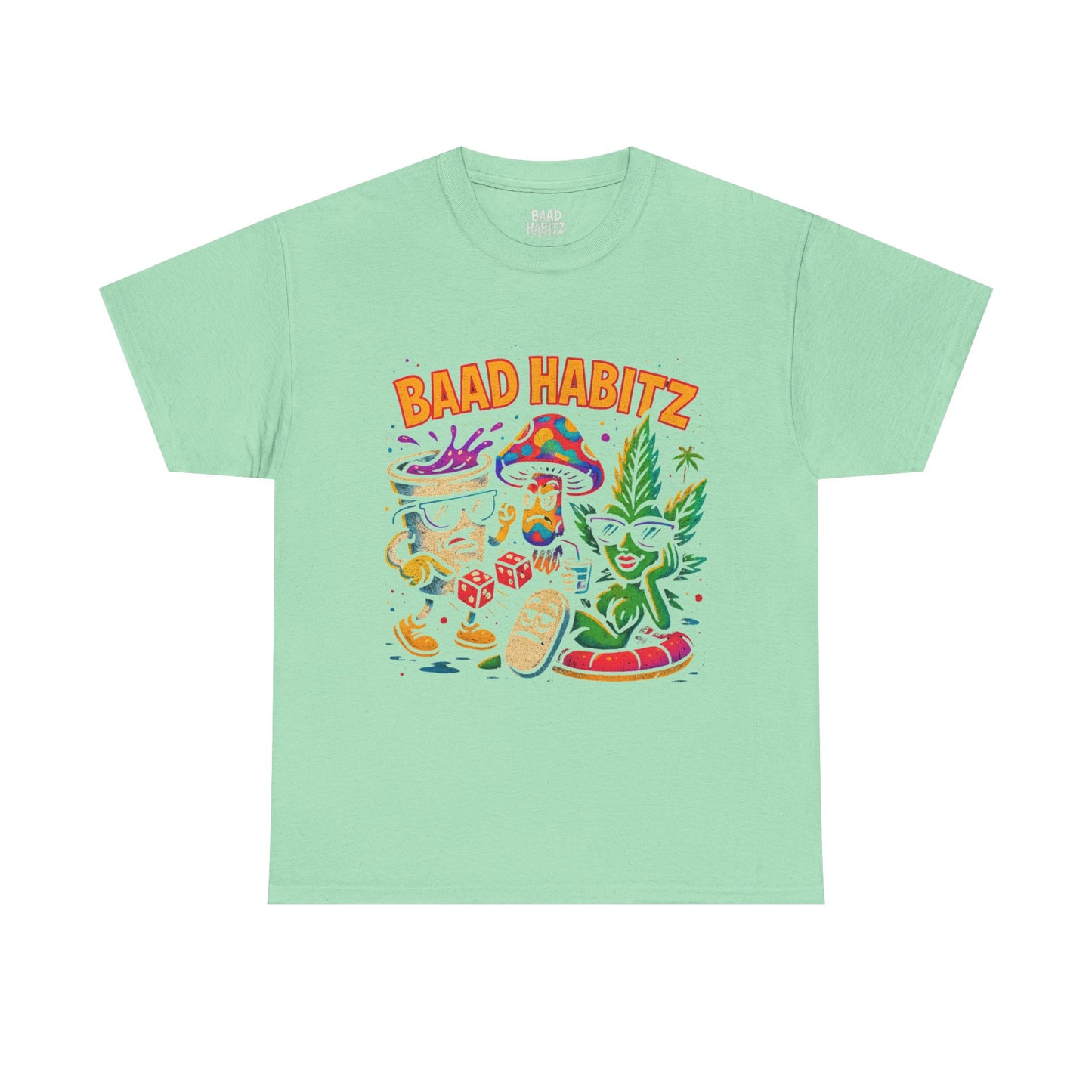 Colorful Unisex Heavy Cotton Tee - 'BAAD HABITZ' and 'Drügz' Graphic, Streetwear Vibe, Perfect for Casual Outings, Gifts, and Festivals