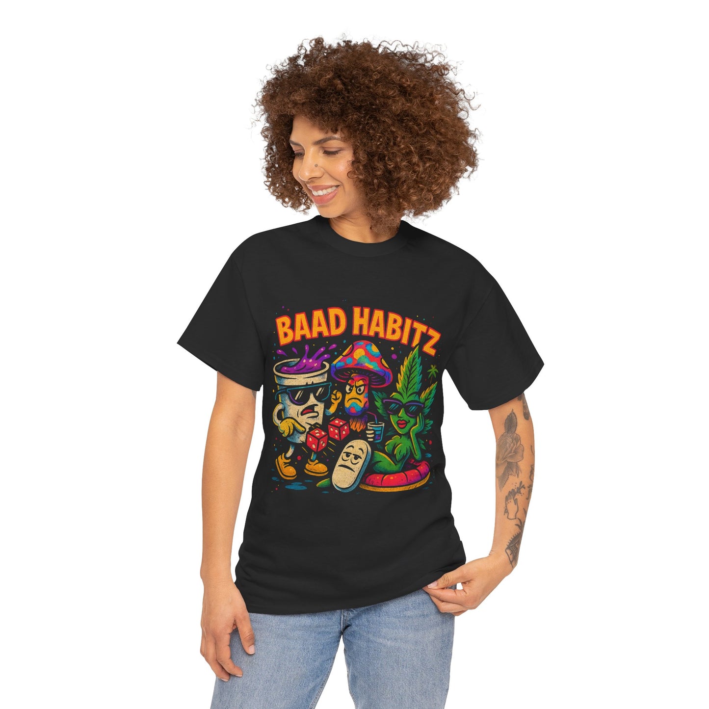 Colorful Unisex Heavy Cotton Tee - 'BAAD HABITZ' and 'Drügz' Graphic, Streetwear Vibe, Perfect for Casual Outings, Gifts, and Festivals