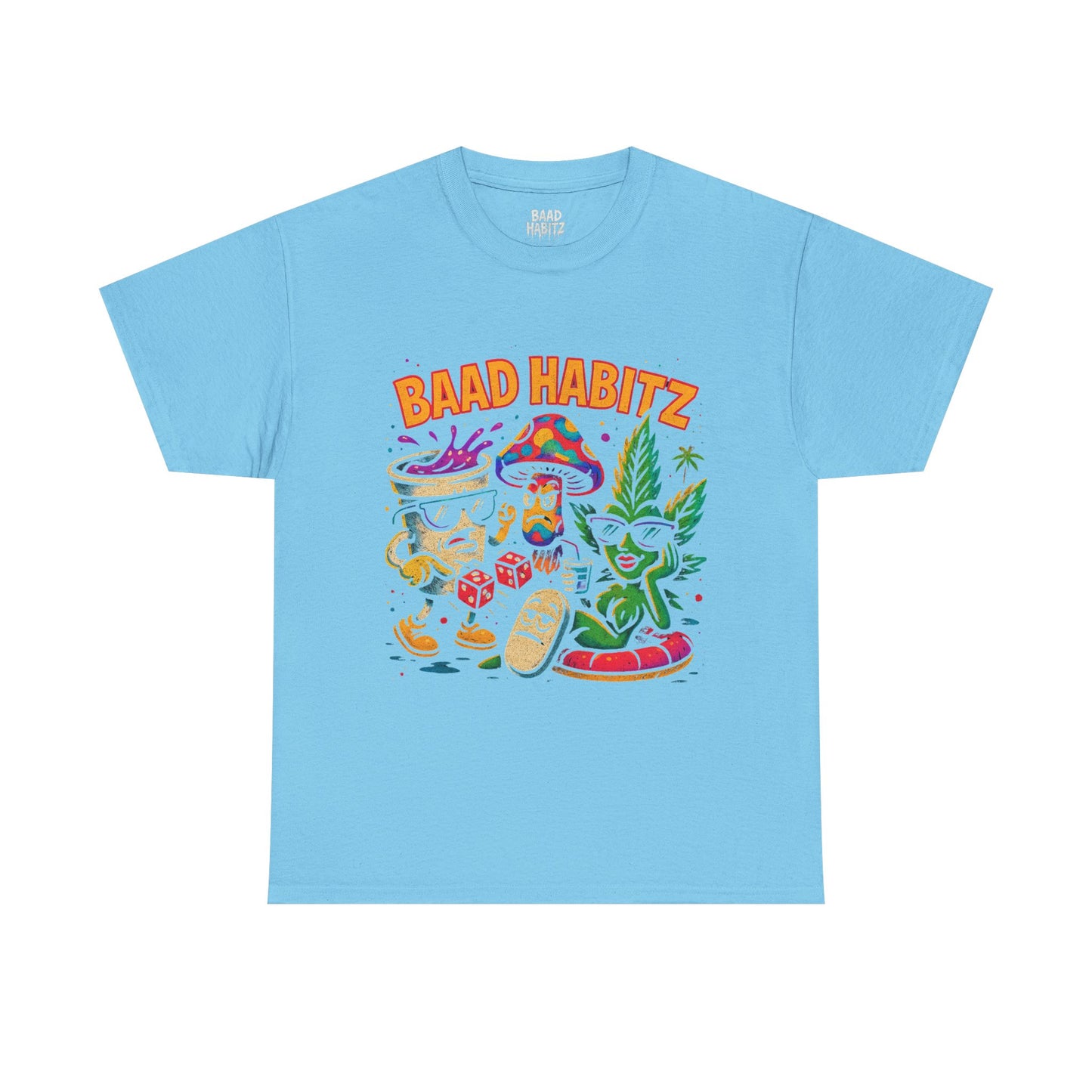 Colorful Unisex Heavy Cotton Tee - 'BAAD HABITZ' and 'Drügz' Graphic, Streetwear Vibe, Perfect for Casual Outings, Gifts, and Festivals