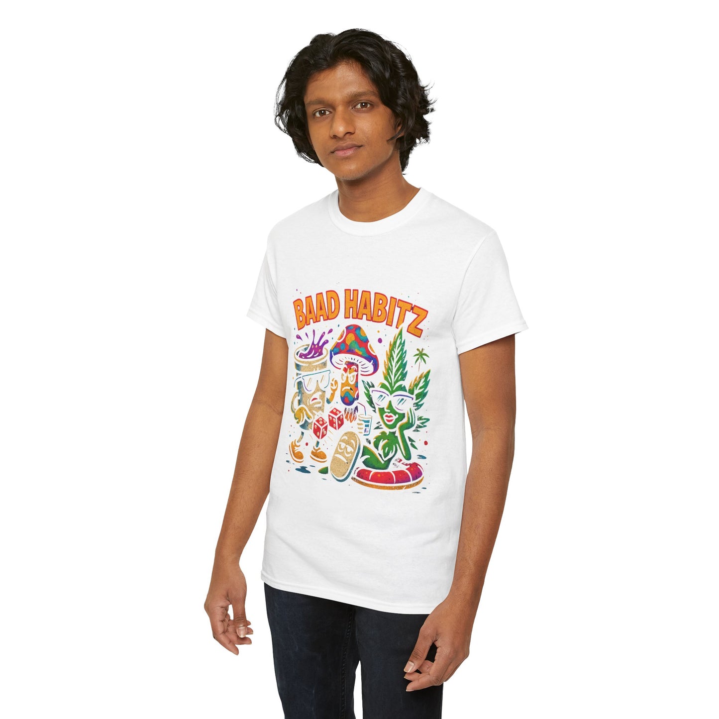 Colorful Unisex Heavy Cotton Tee - 'BAAD HABITZ' and 'Drügz' Graphic, Streetwear Vibe, Perfect for Casual Outings, Gifts, and Festivals