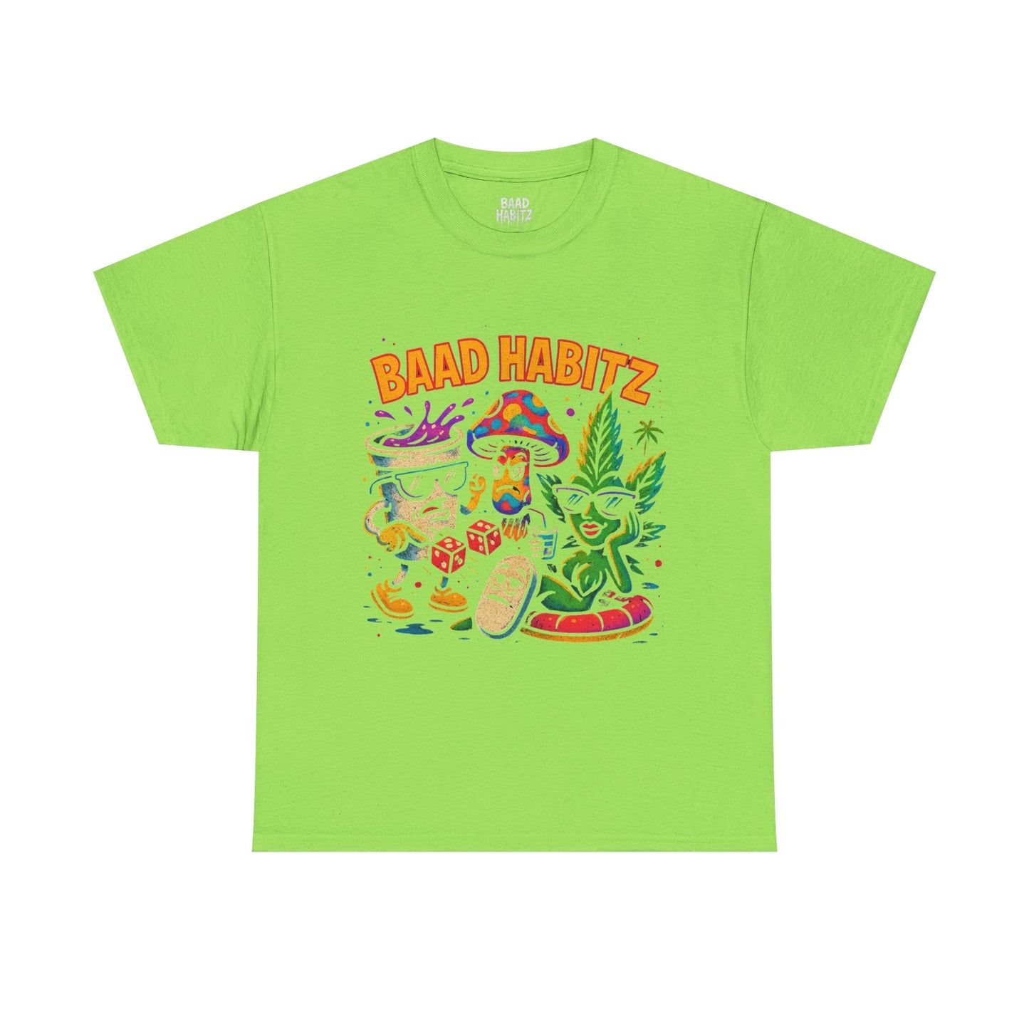 Colorful Unisex Heavy Cotton Tee - 'BAAD HABITZ' and 'Drügz' Graphic, Streetwear Vibe, Perfect for Casual Outings, Gifts, and Festivals