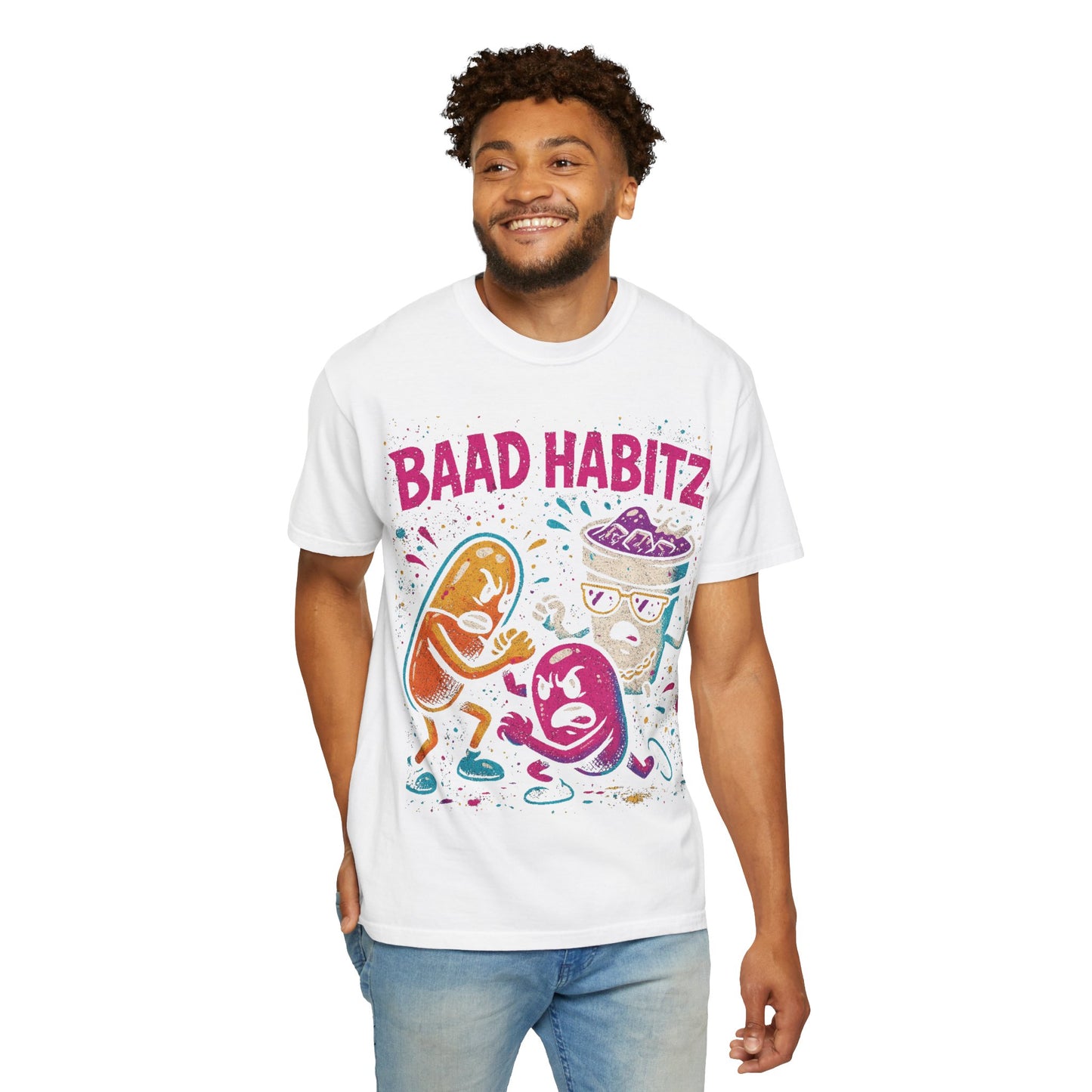 Unisex Garment-Dyed T-Shirt with 'Baad Habitz' Graphic - Fun, Playful Design for Casual Wear