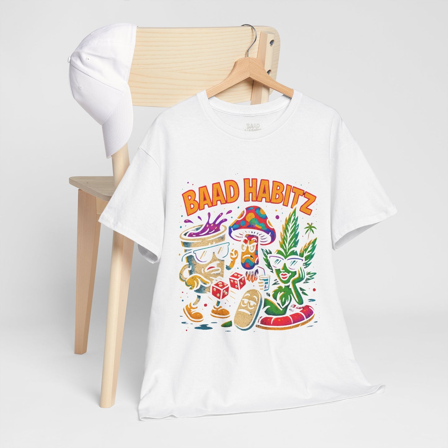 Colorful Unisex Heavy Cotton Tee - 'BAAD HABITZ' and 'Drügz' Graphic, Streetwear Vibe, Perfect for Casual Outings, Gifts, and Festivals