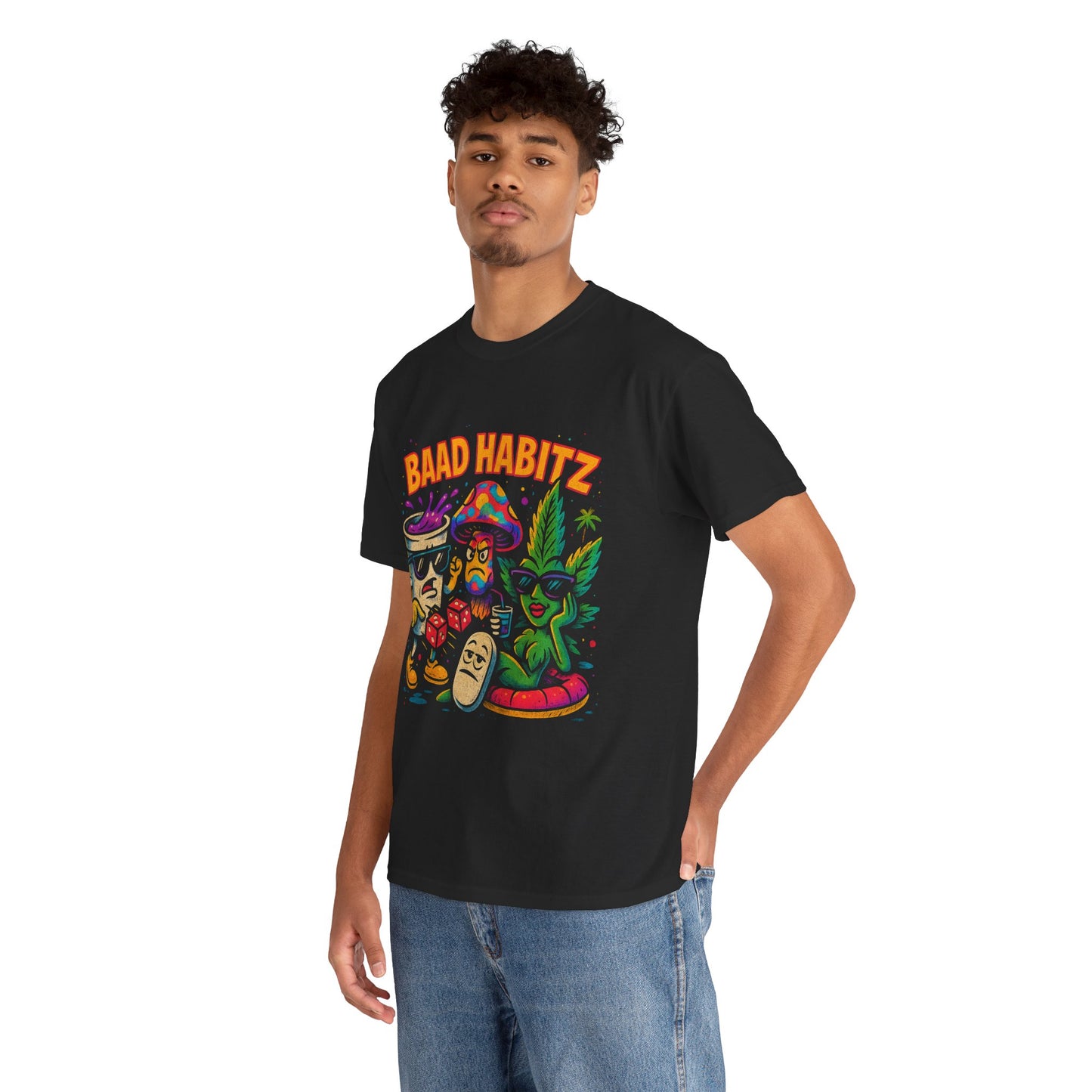 Colorful Unisex Heavy Cotton Tee - 'BAAD HABITZ' and 'Drügz' Graphic, Streetwear Vibe, Perfect for Casual Outings, Gifts, and Festivals