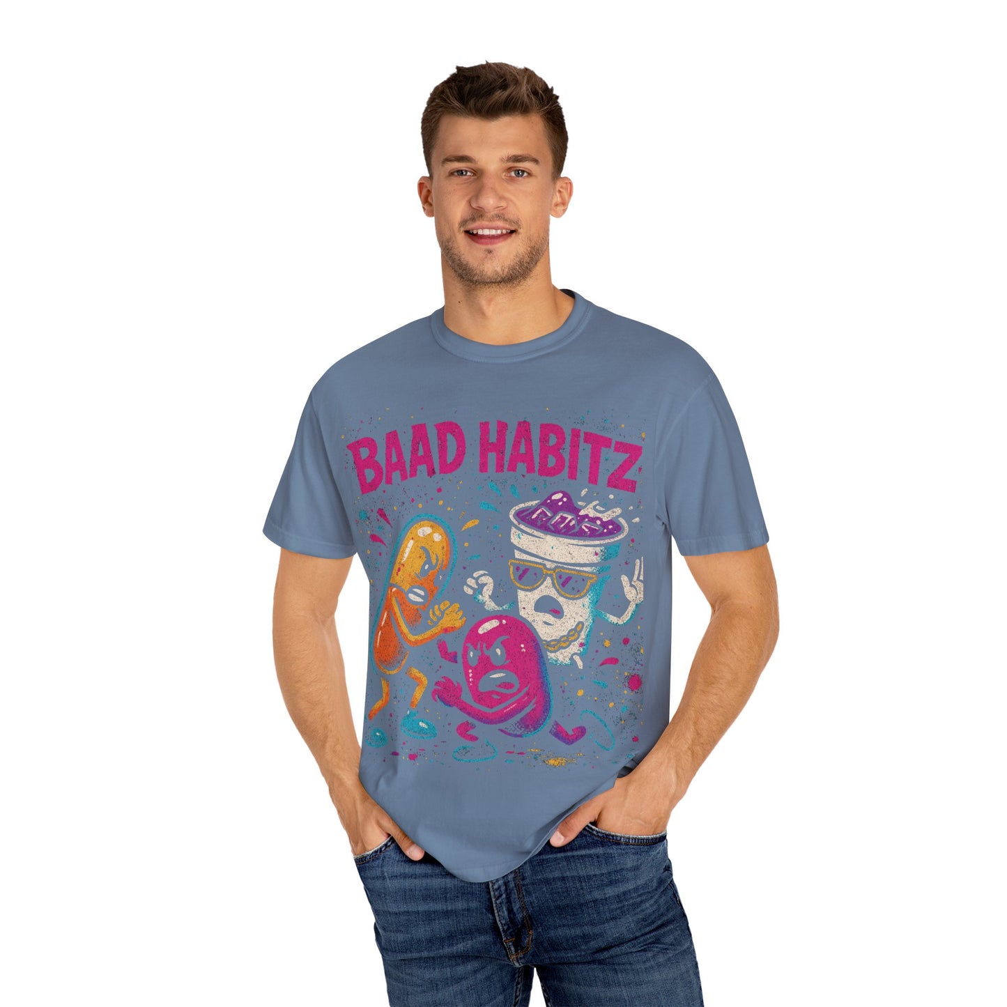 Unisex Garment-Dyed T-Shirt with 'Baad Habitz' Graphic - Fun, Playful Design for Casual Wear