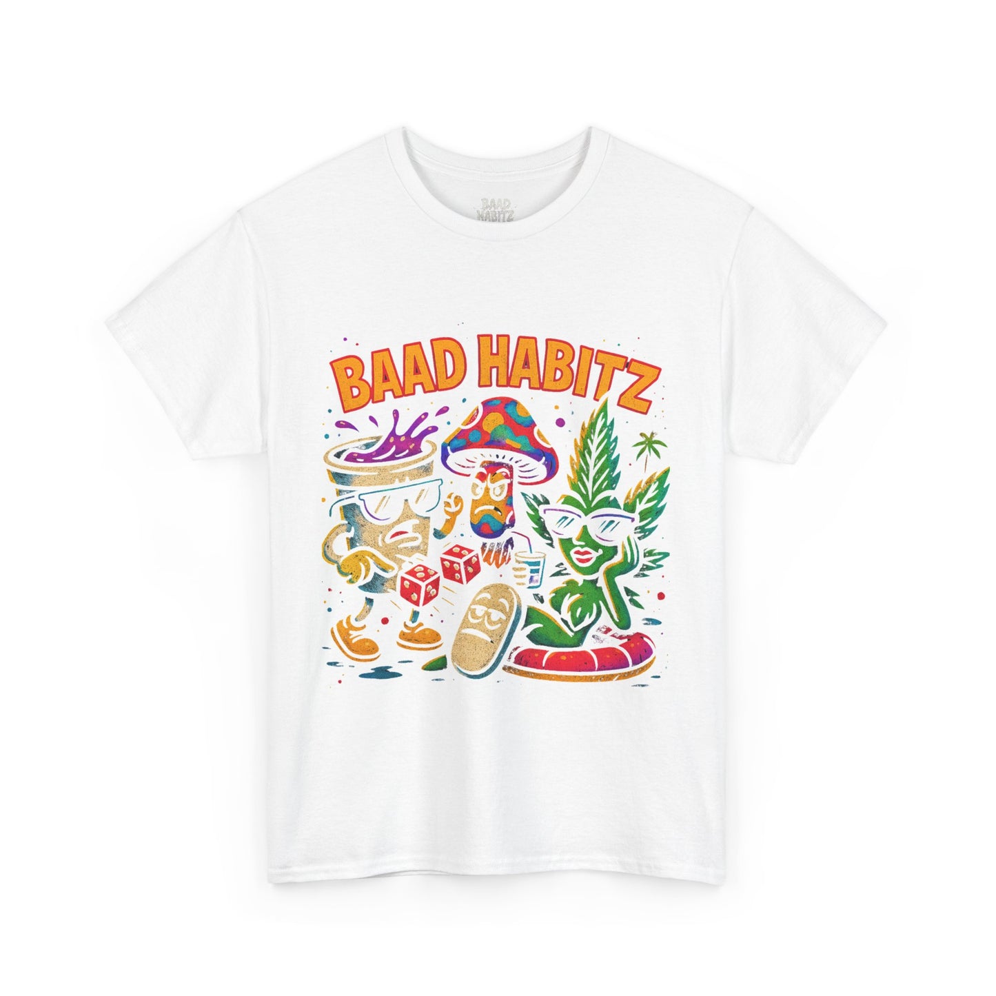 Colorful Unisex Heavy Cotton Tee - 'BAAD HABITZ' and 'Drügz' Graphic, Streetwear Vibe, Perfect for Casual Outings, Gifts, and Festivals