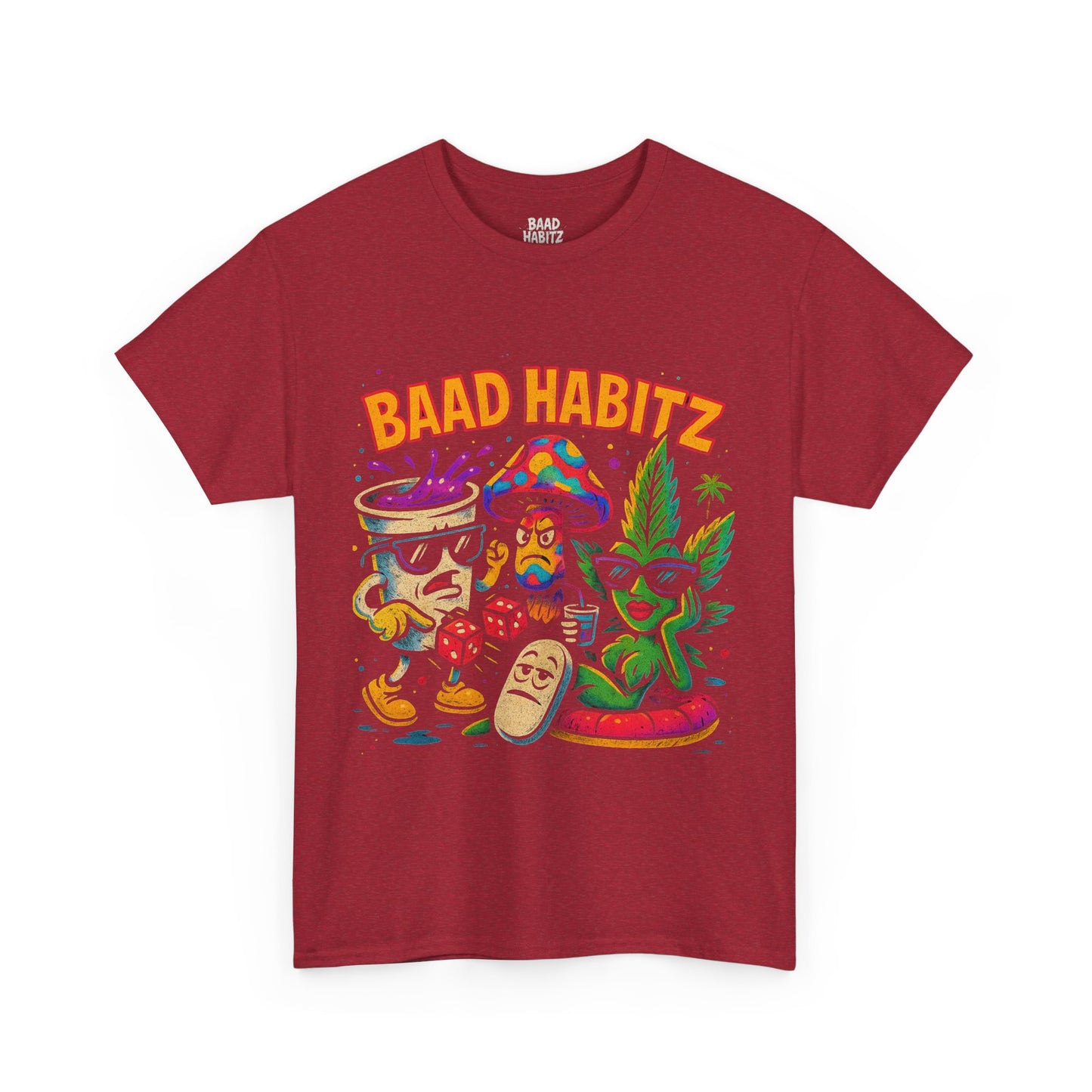 Colorful Unisex Heavy Cotton Tee - 'BAAD HABITZ' and 'Drügz' Graphic, Streetwear Vibe, Perfect for Casual Outings, Gifts, and Festivals