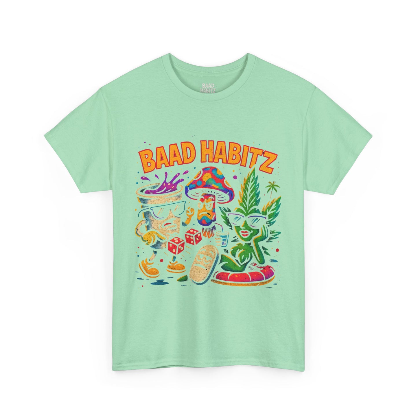 Colorful Unisex Heavy Cotton Tee - 'BAAD HABITZ' and 'Drügz' Graphic, Streetwear Vibe, Perfect for Casual Outings, Gifts, and Festivals