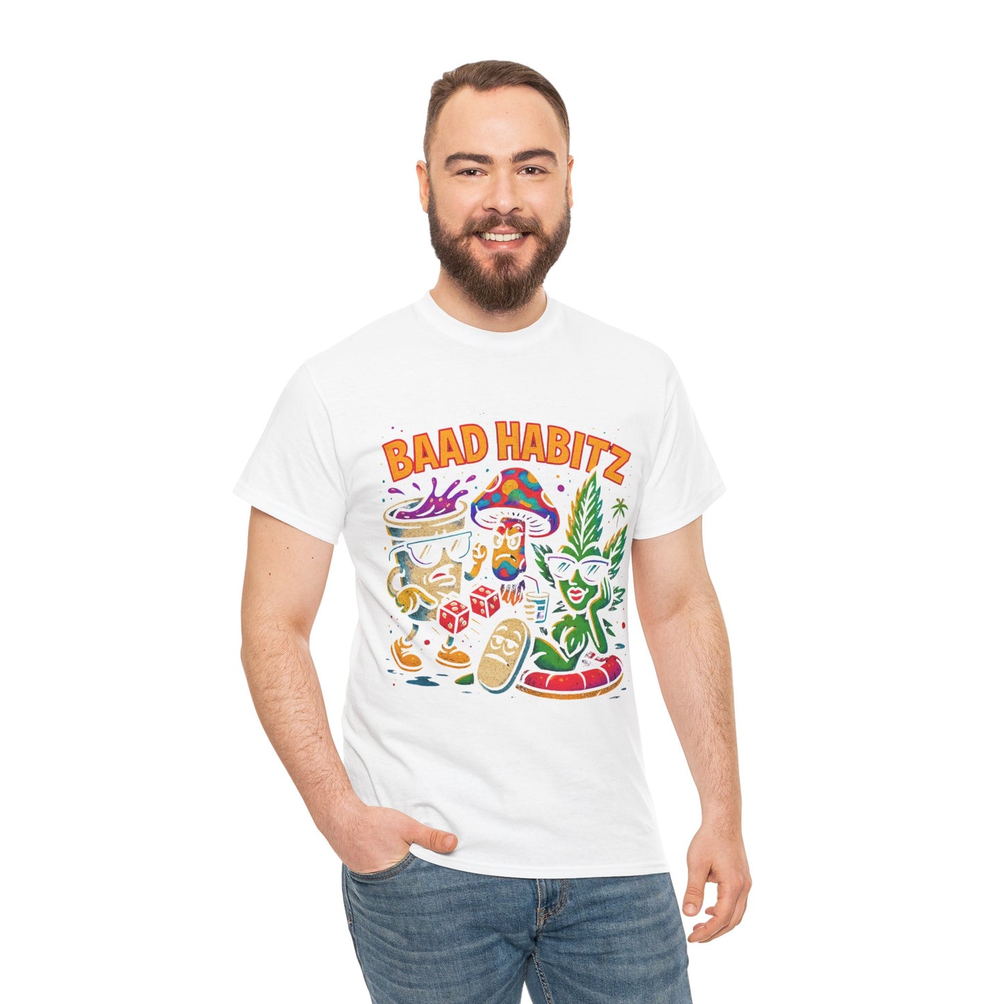 Colorful Unisex Heavy Cotton Tee - 'BAAD HABITZ' and 'Drügz' Graphic, Streetwear Vibe, Perfect for Casual Outings, Gifts, and Festivals