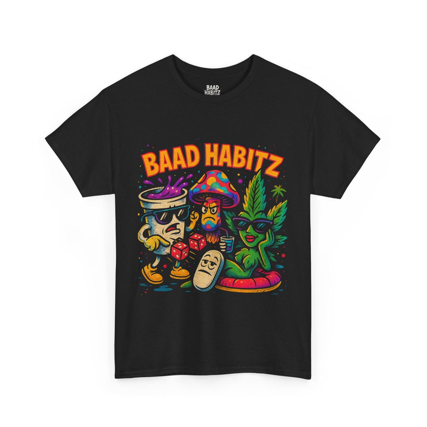 Colorful Unisex Heavy Cotton Tee - 'BAAD HABITZ' and 'Drügz' Graphic, Streetwear Vibe, Perfect for Casual Outings, Gifts, and Festivals