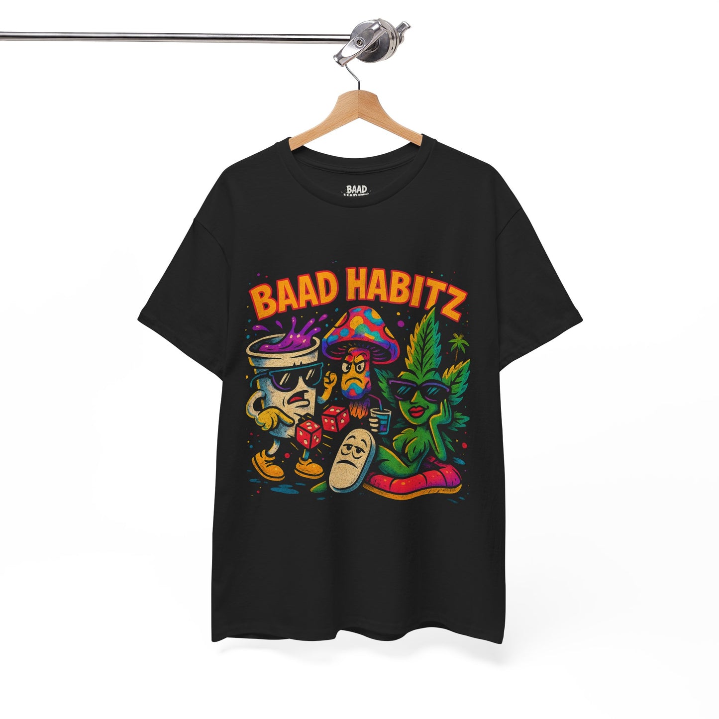 Colorful Unisex Heavy Cotton Tee - 'BAAD HABITZ' and 'Drügz' Graphic, Streetwear Vibe, Perfect for Casual Outings, Gifts, and Festivals