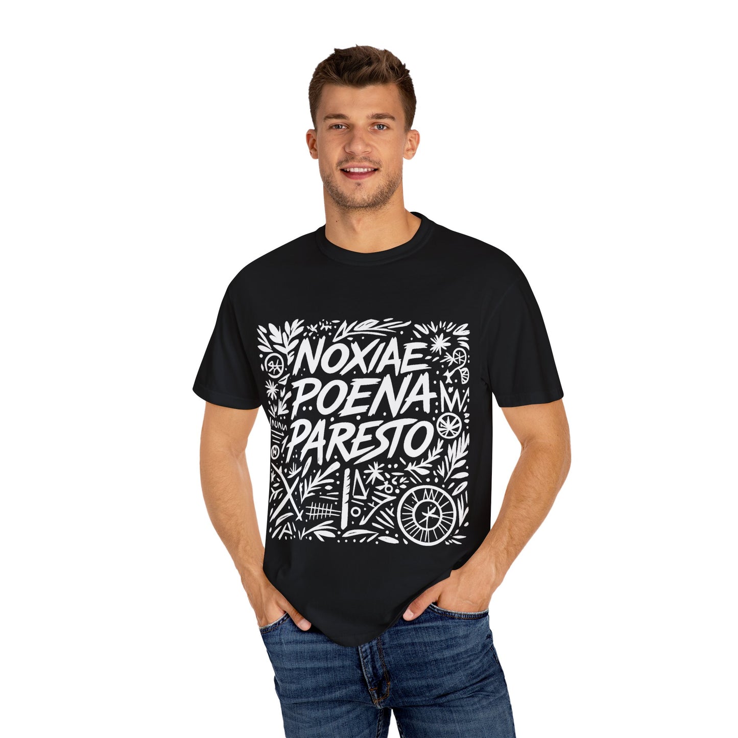 Garment-Dyed Unisex T-Shirt - Noxiae Poena Paresto with Apple Design