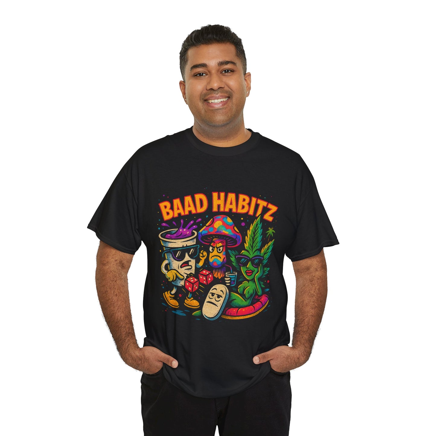 Colorful Unisex Heavy Cotton Tee - 'BAAD HABITZ' and 'Drügz' Graphic, Streetwear Vibe, Perfect for Casual Outings, Gifts, and Festivals