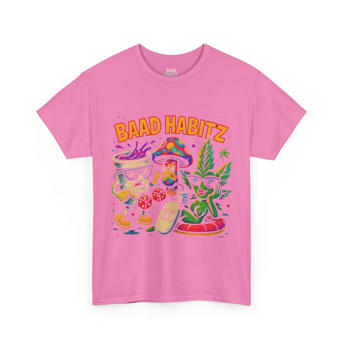 Colorful Unisex Heavy Cotton Tee - 'BAAD HABITZ' and 'Drügz' Graphic, Streetwear Vibe, Perfect for Casual Outings, Gifts, and Festivals