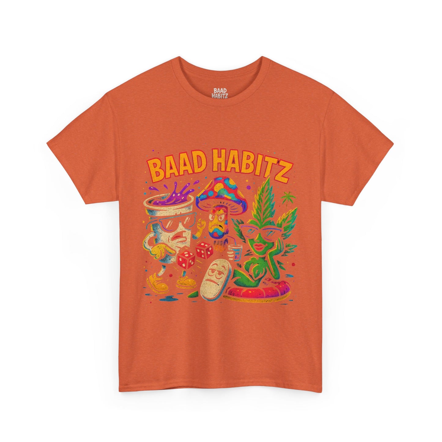 Colorful Unisex Heavy Cotton Tee - 'BAAD HABITZ' and 'Drügz' Graphic, Streetwear Vibe, Perfect for Casual Outings, Gifts, and Festivals