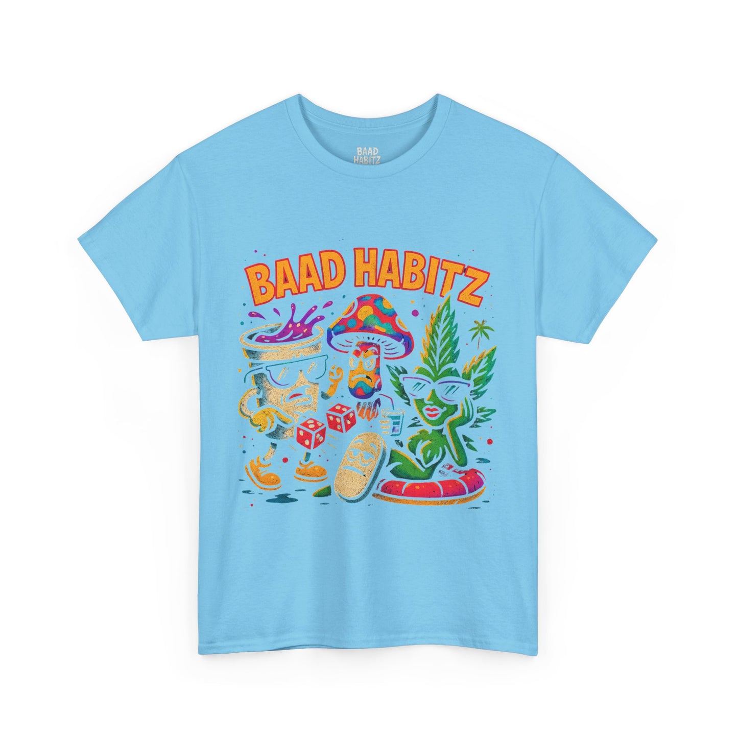 Colorful Unisex Heavy Cotton Tee - 'BAAD HABITZ' and 'Drügz' Graphic, Streetwear Vibe, Perfect for Casual Outings, Gifts, and Festivals