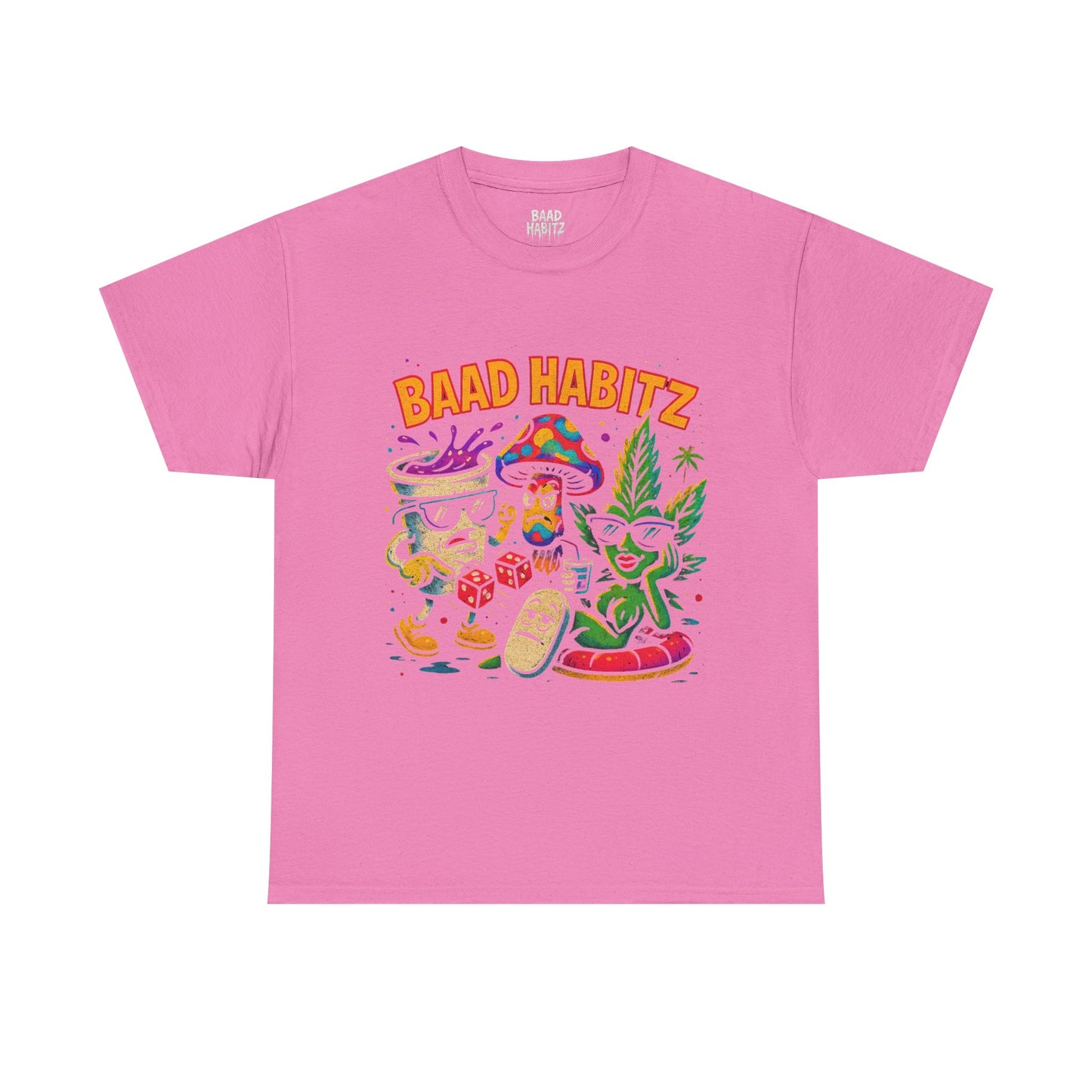 Colorful Unisex Heavy Cotton Tee - 'BAAD HABITZ' and 'Drügz' Graphic, Streetwear Vibe, Perfect for Casual Outings, Gifts, and Festivals