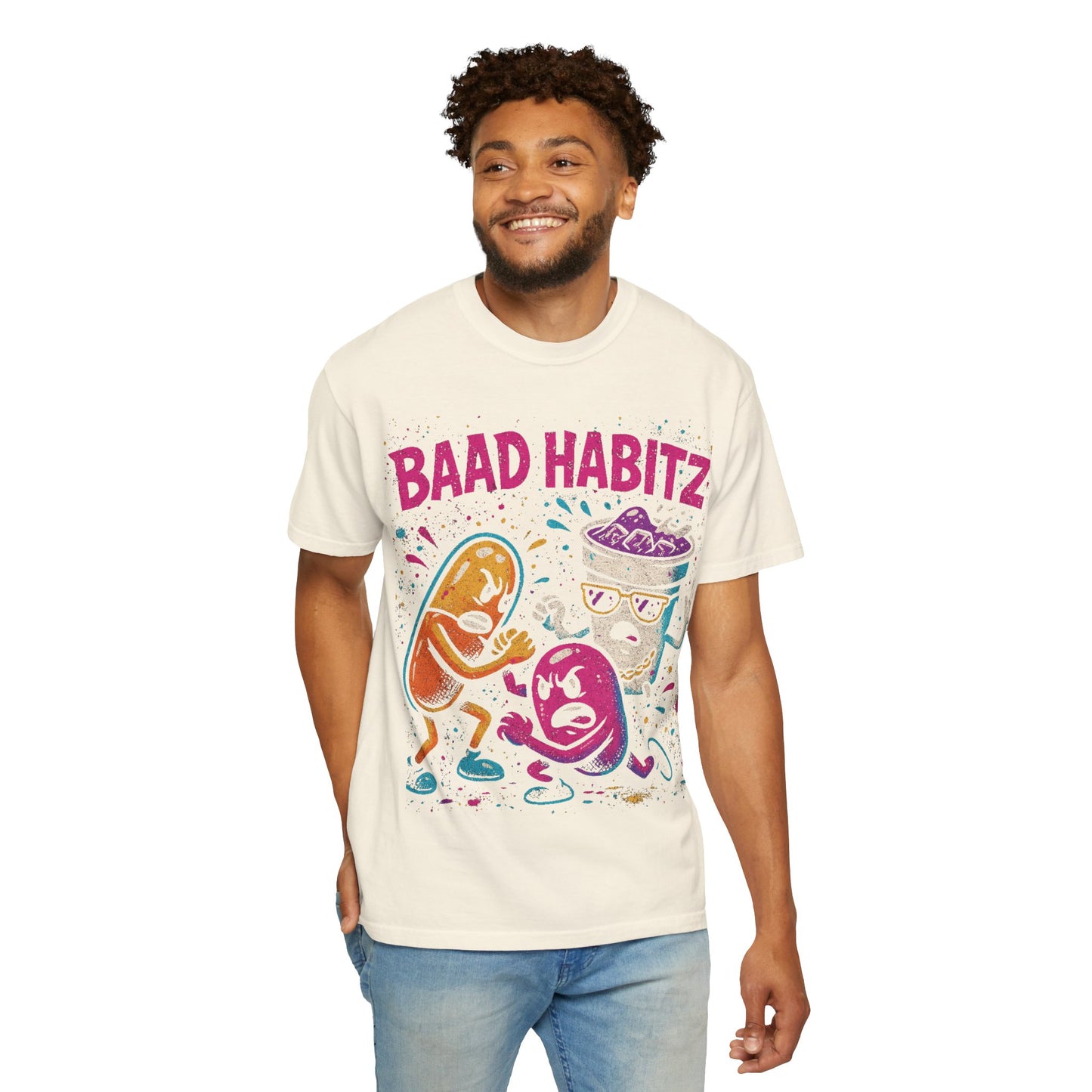 Unisex Garment-Dyed T-Shirt with 'Baad Habitz' Graphic - Fun, Playful Design for Casual Wear
