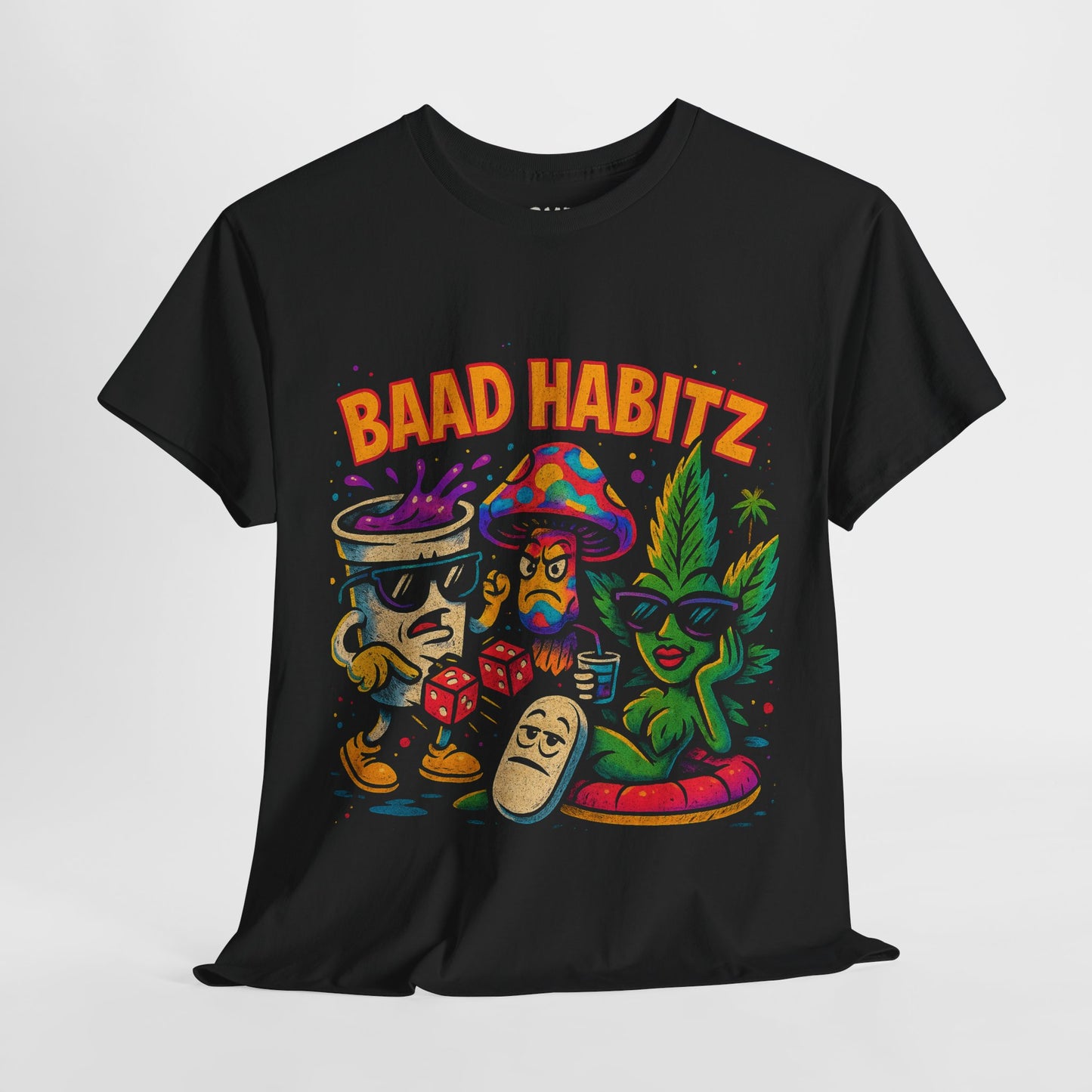 Colorful Unisex Heavy Cotton Tee - 'BAAD HABITZ' and 'Drügz' Graphic, Streetwear Vibe, Perfect for Casual Outings, Gifts, and Festivals