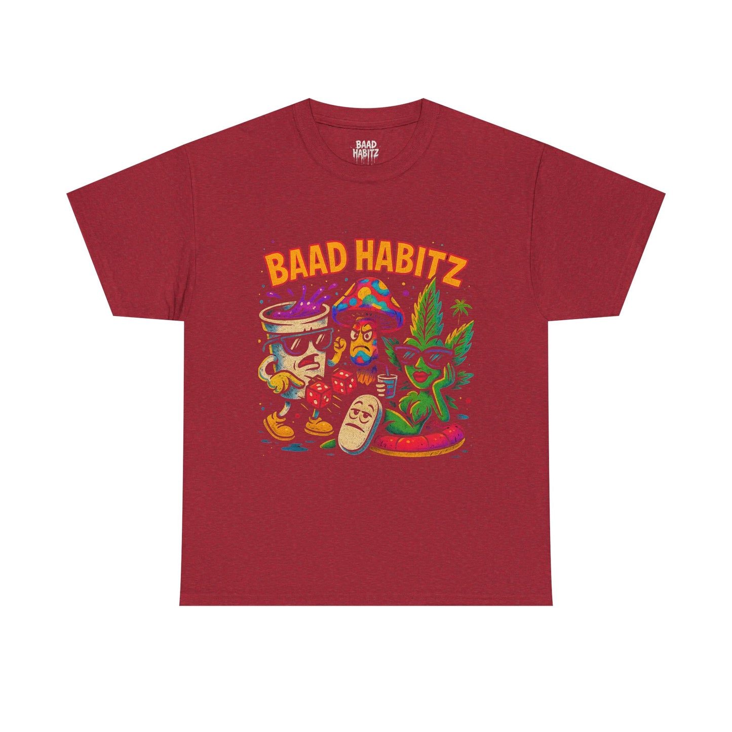 Colorful Unisex Heavy Cotton Tee - 'BAAD HABITZ' and 'Drügz' Graphic, Streetwear Vibe, Perfect for Casual Outings, Gifts, and Festivals