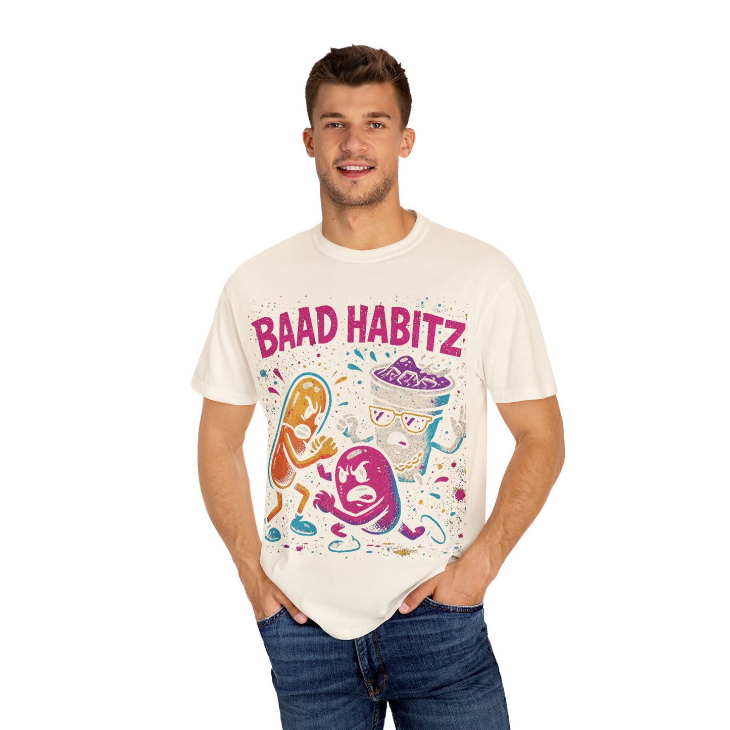 Unisex Garment-Dyed T-Shirt with 'Baad Habitz' Graphic - Fun, Playful Design for Casual Wear
