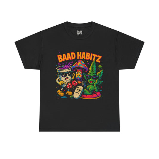 Colorful Unisex Heavy Cotton Tee - 'BAAD HABITZ' and 'Drügz' Graphic, Streetwear Vibe, Perfect for Casual Outings, Gifts, and Festivals