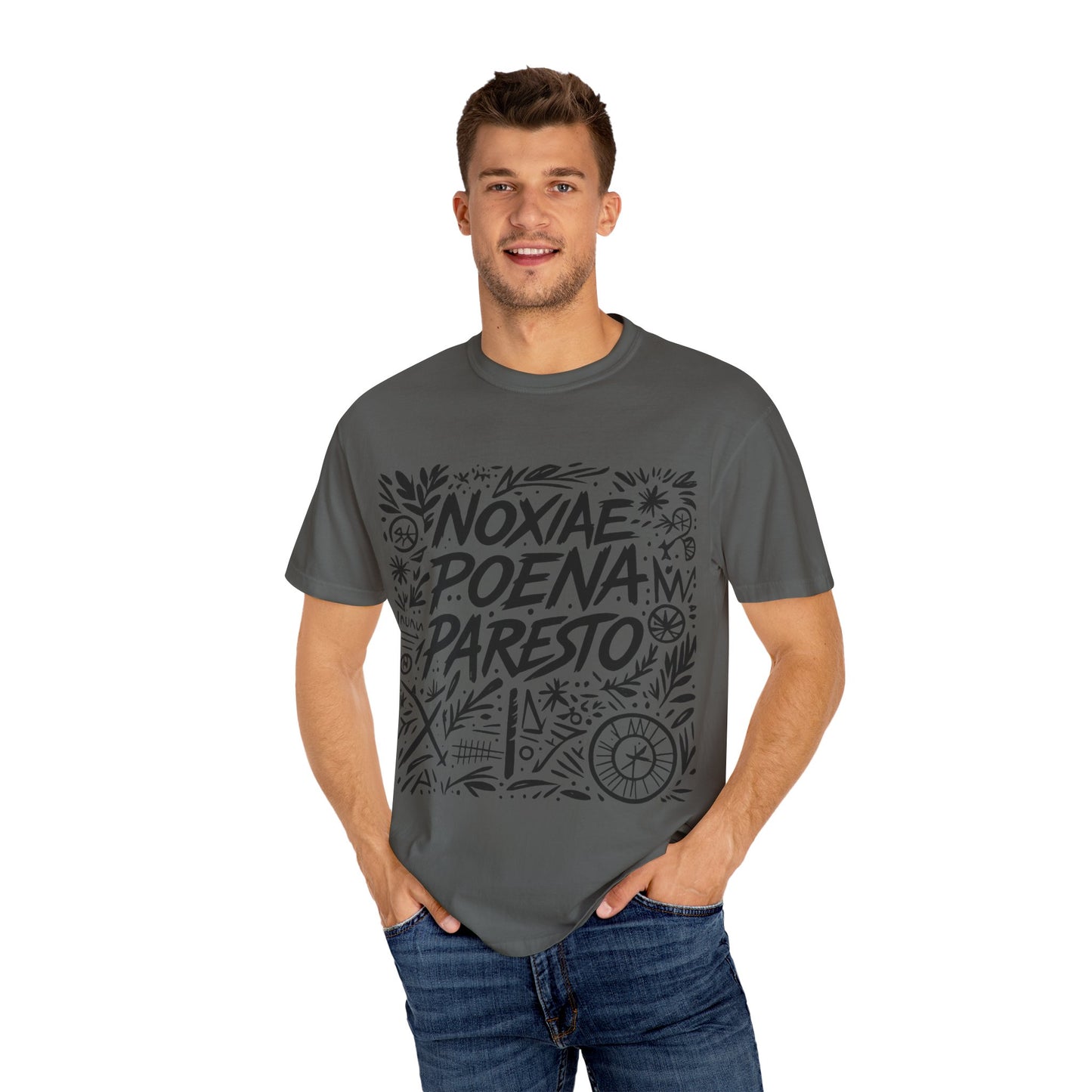 Garment-Dyed Unisex T-Shirt - Noxiae Poena Paresto with Apple Design