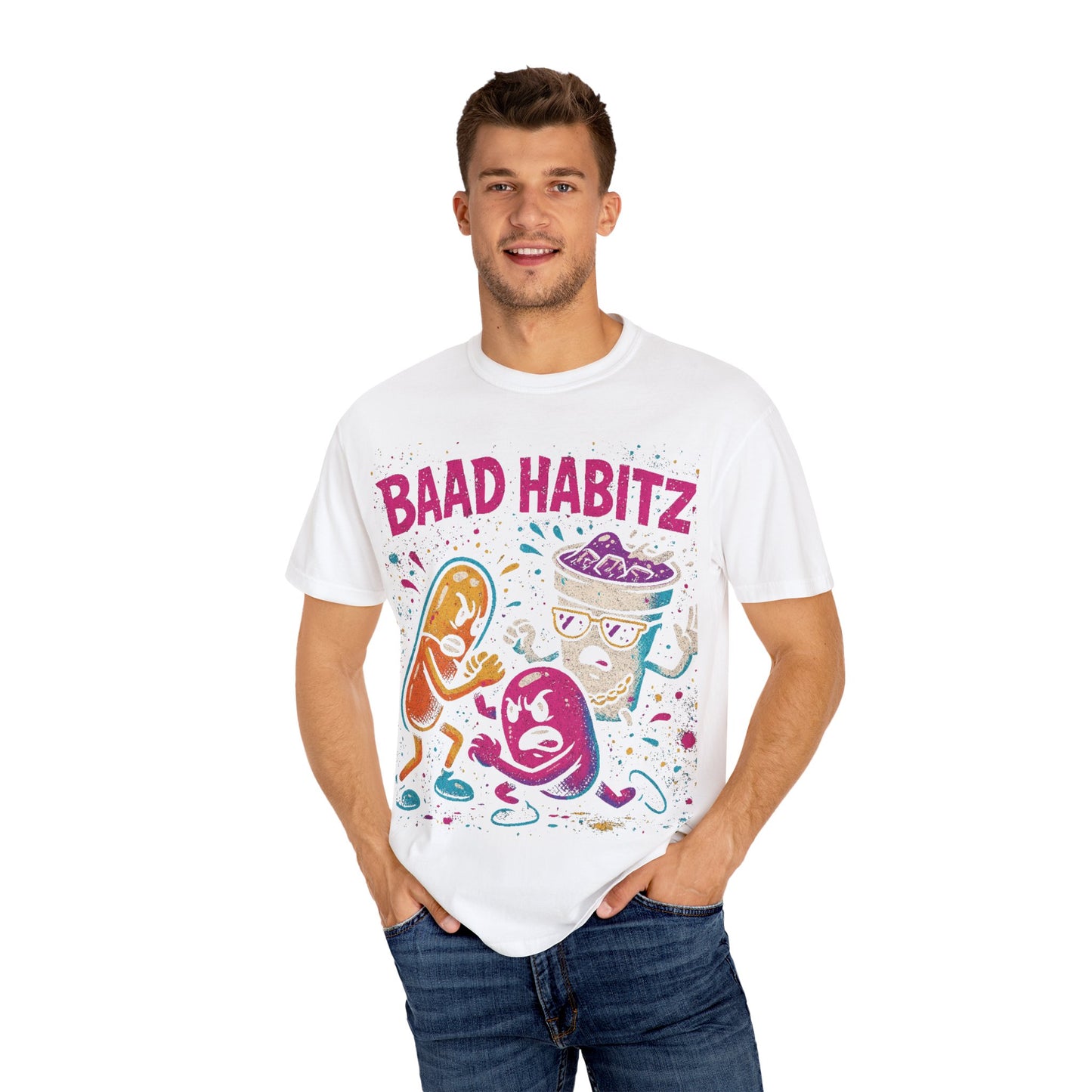 Unisex Garment-Dyed T-Shirt with 'Baad Habitz' Graphic - Fun, Playful Design for Casual Wear