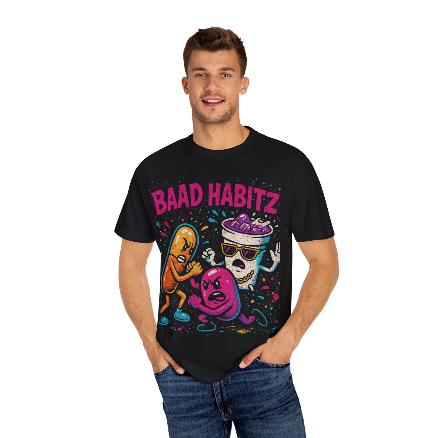 Unisex Garment-Dyed T-Shirt with 'Baad Habitz' Graphic - Fun, Playful Design for Casual Wear
