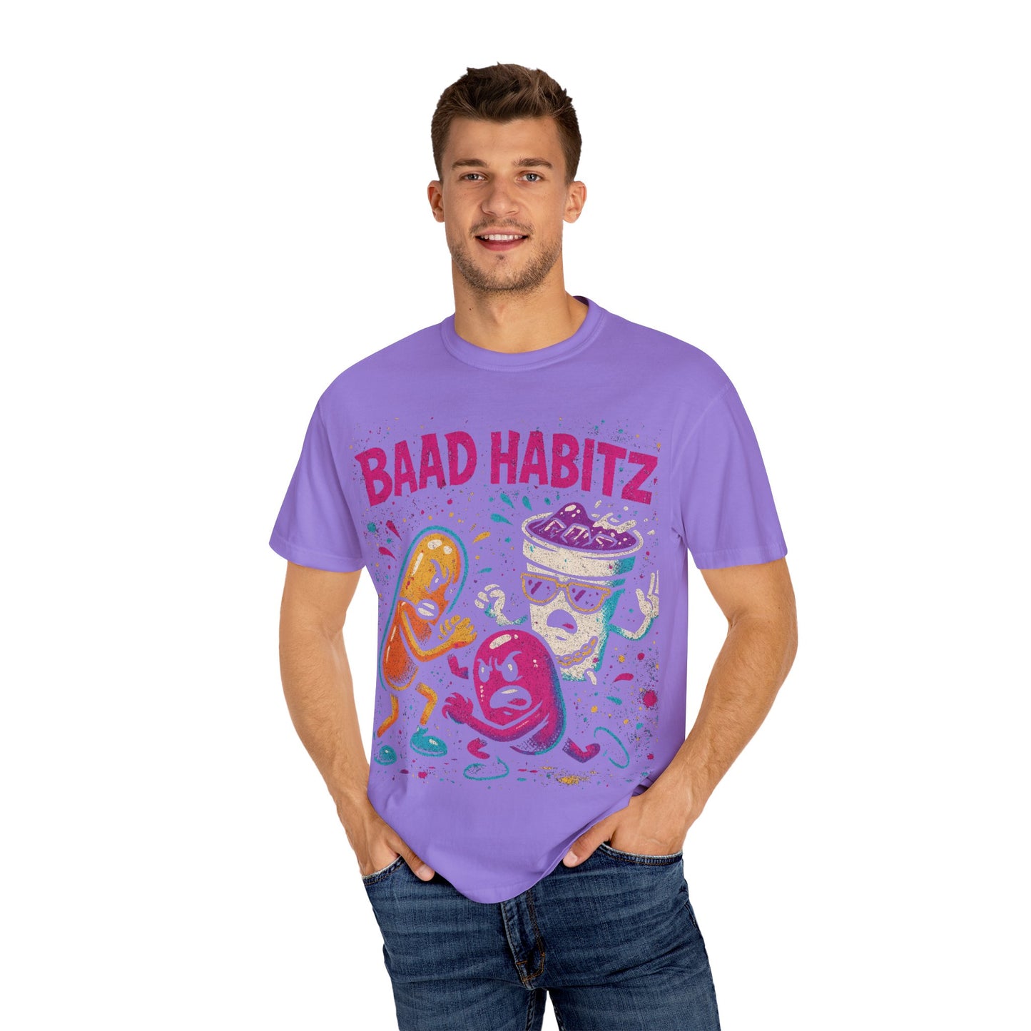Unisex Garment-Dyed T-Shirt with 'Baad Habitz' Graphic - Fun, Playful Design for Casual Wear