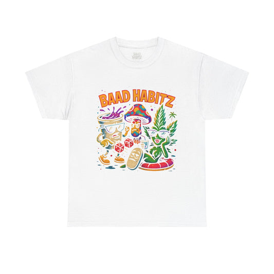 Colorful Unisex Heavy Cotton Tee - 'BAAD HABITZ' and 'Drügz' Graphic, Streetwear Vibe, Perfect for Casual Outings, Gifts, and Festivals
