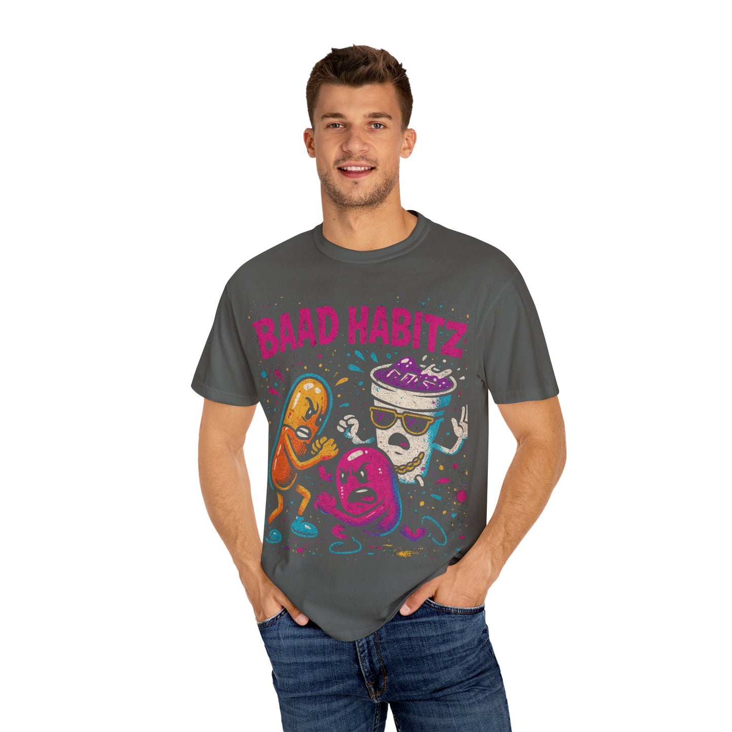 Unisex Garment-Dyed T-Shirt with 'Baad Habitz' Graphic - Fun, Playful Design for Casual Wear